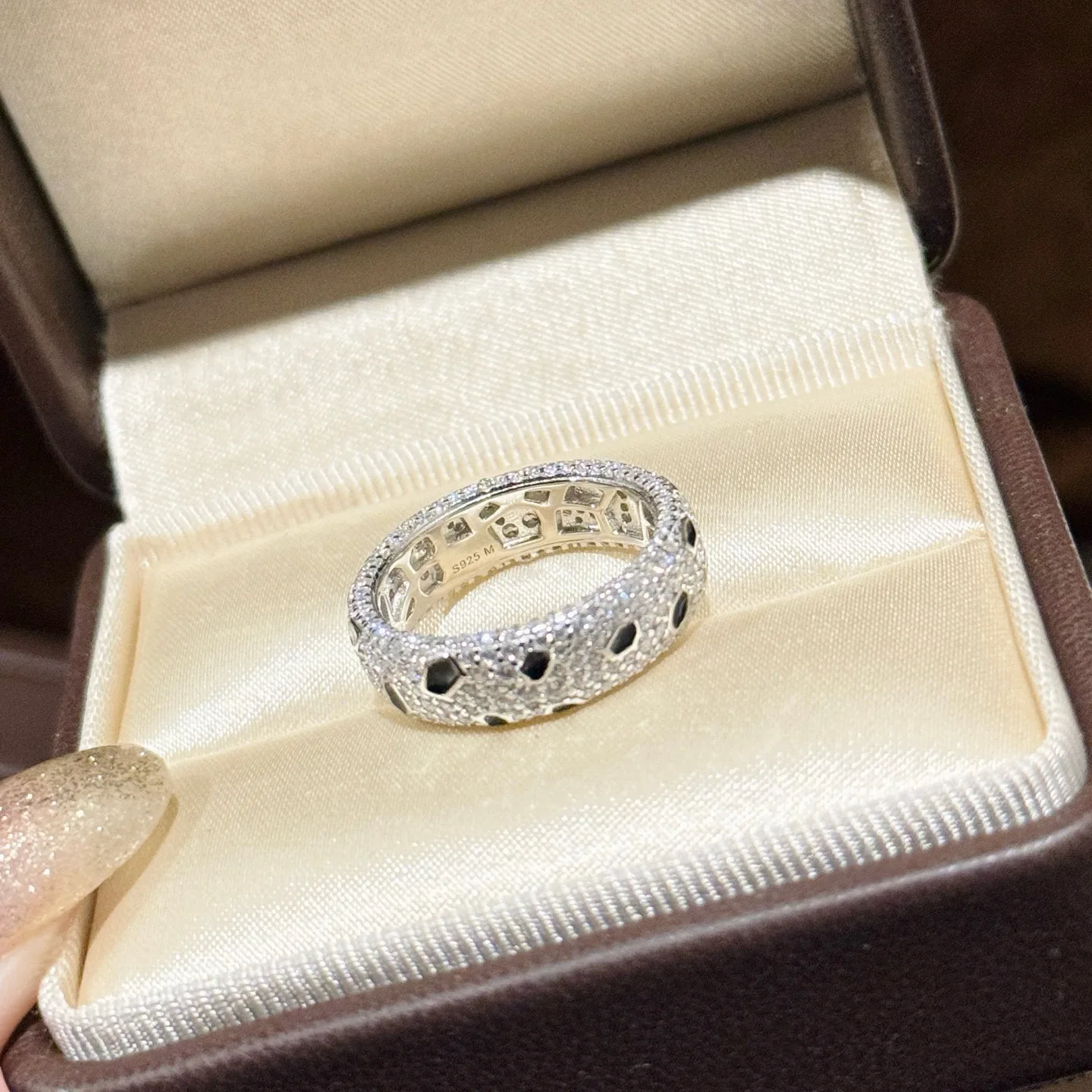 100% 925 Sterling Silver 3 Row Full 5A Zirconia Black And White Spots Leopard Print Ring For Women Fine Jewelry