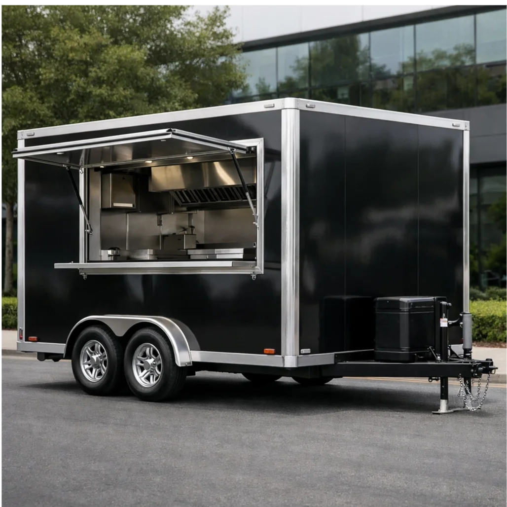 Commercial Outdoor 2-Compartment Sink Easy Assembly 4-Wheel Trailer Stainless Steel Food Cart With Microwave Deep Fryer