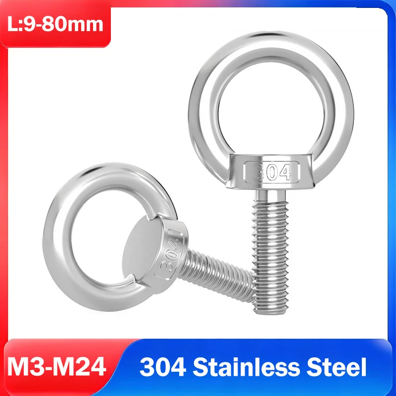 304 Stainless Steel Eye Bolt M3 M4 M5 M6 M8 M10 M12 M14 M16~M24 Marine Lifting Eye Screws Ring Loop Hole for Cable Rope Eyebolt
