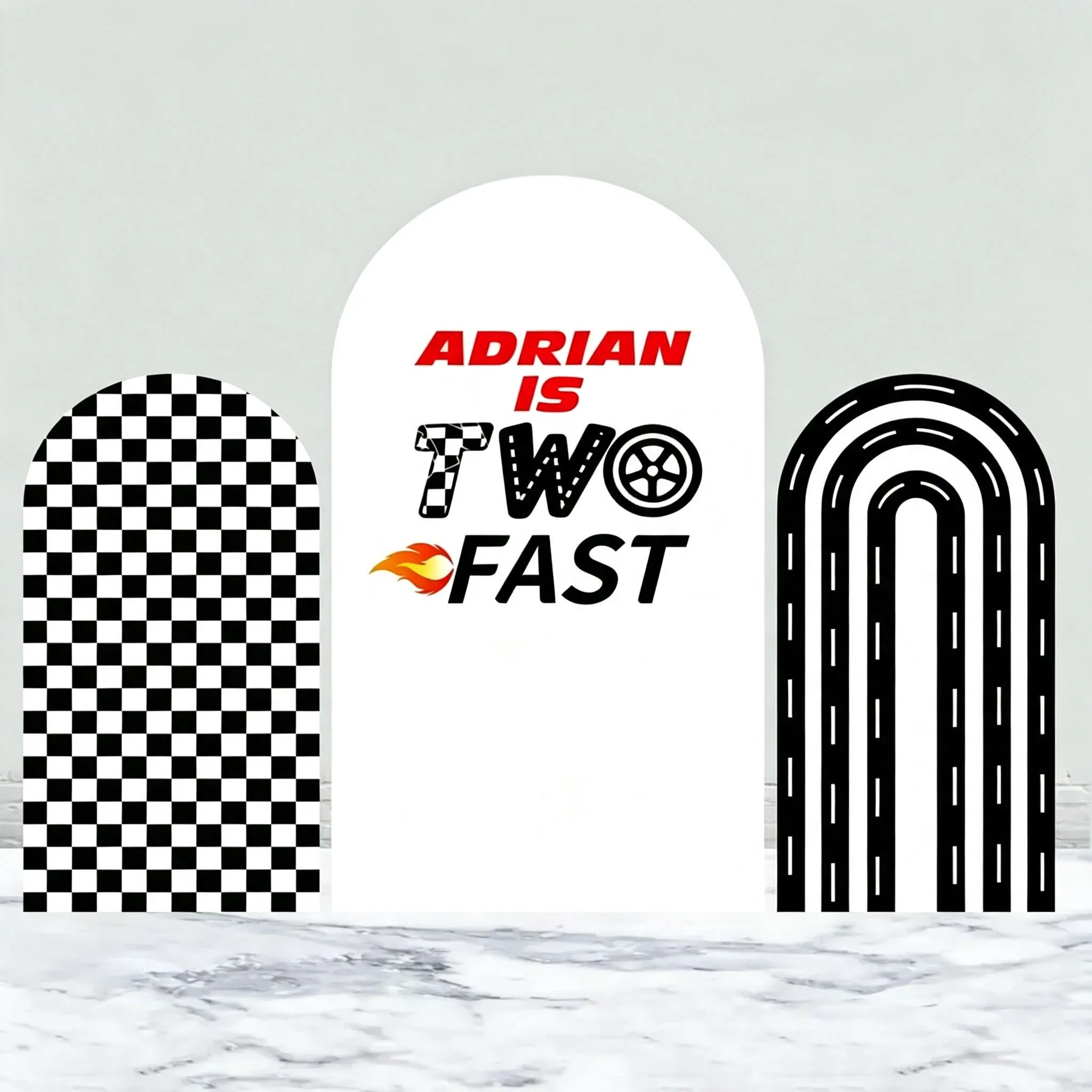 Custom Double-Sided Two Fast Baby Shower Arch Backdrop Cover Black And White Checkered Birthday Party Photobooth Background