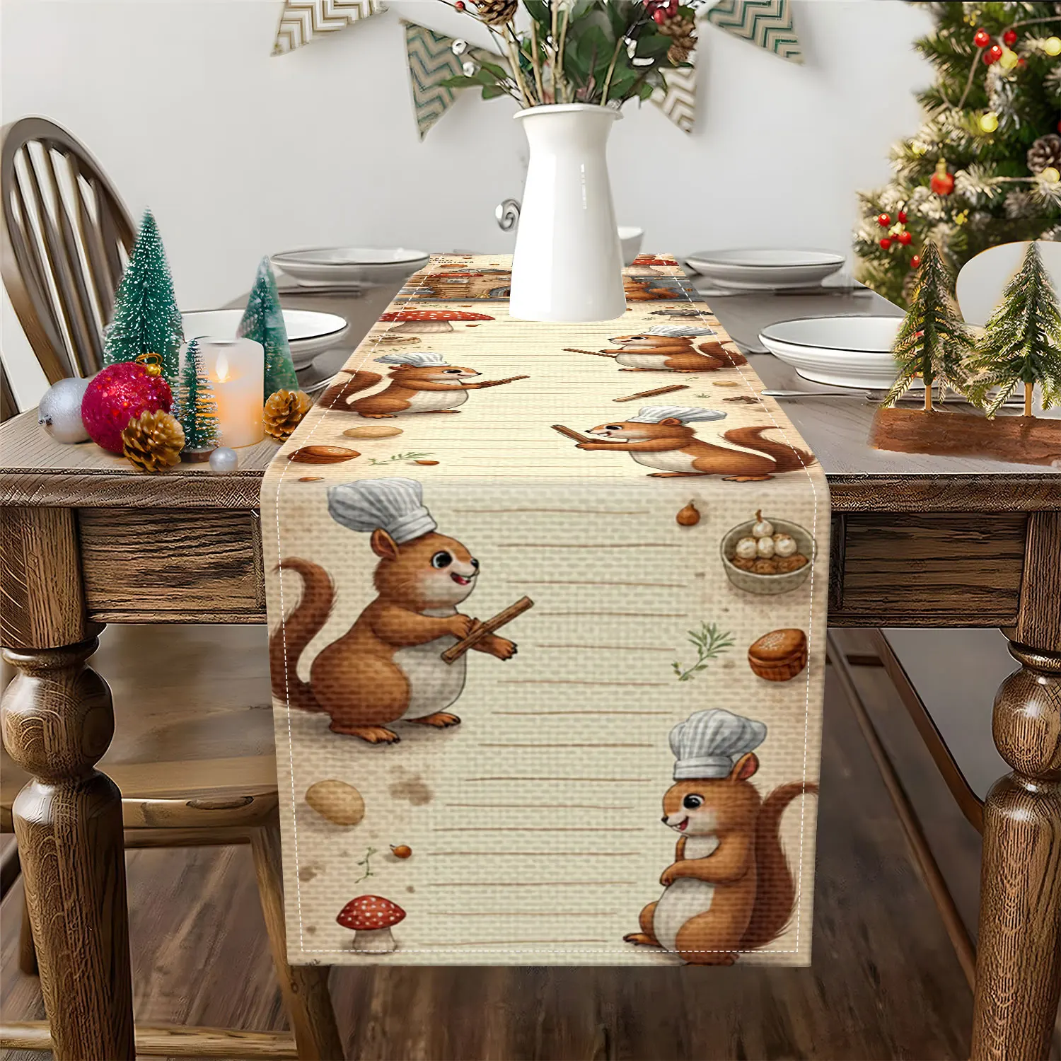 1 Piece of Squirrel Chef Baking-Themed Table Runner, Featuring a Squirrel Wearing a Chef's Hat, Baking Utensils, and Mushrooms as Main Motifs, Suitable for Kitchen Decoration and Baking-Themed Parties