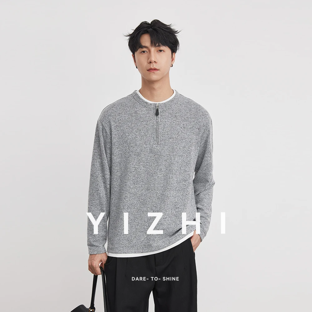260g Heavyweight Half Zip Fake Two-Piece Crew Neck T-Shirt Men 2026 Spring Heather Grey Texture Soft Long Sleeve Casual Tops