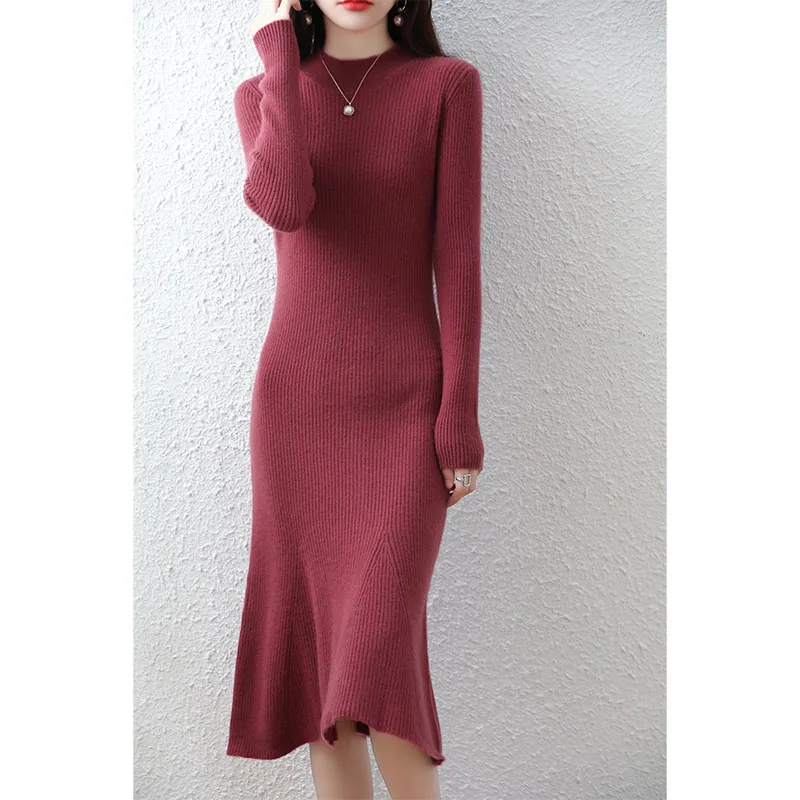 Cashmere Sweater Women\'s Knitted Dresses 100% Merino Wool O-Neck Elegant Party Dress Autumn Winter Female Pullover Casual Skirts