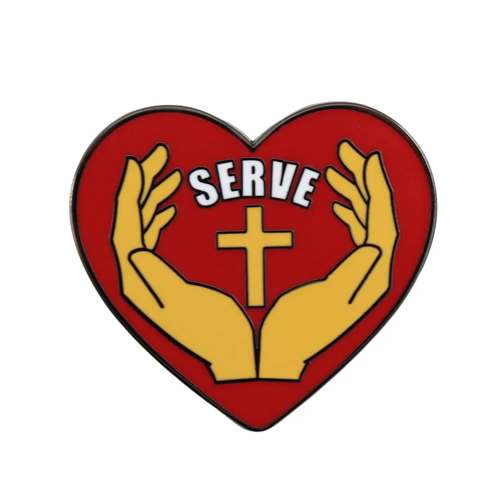 Christian Religious Theme Service Red Heart Cross Enamel Brooch Inspirational Faith Badge with Open Arms Design Pin Accessories