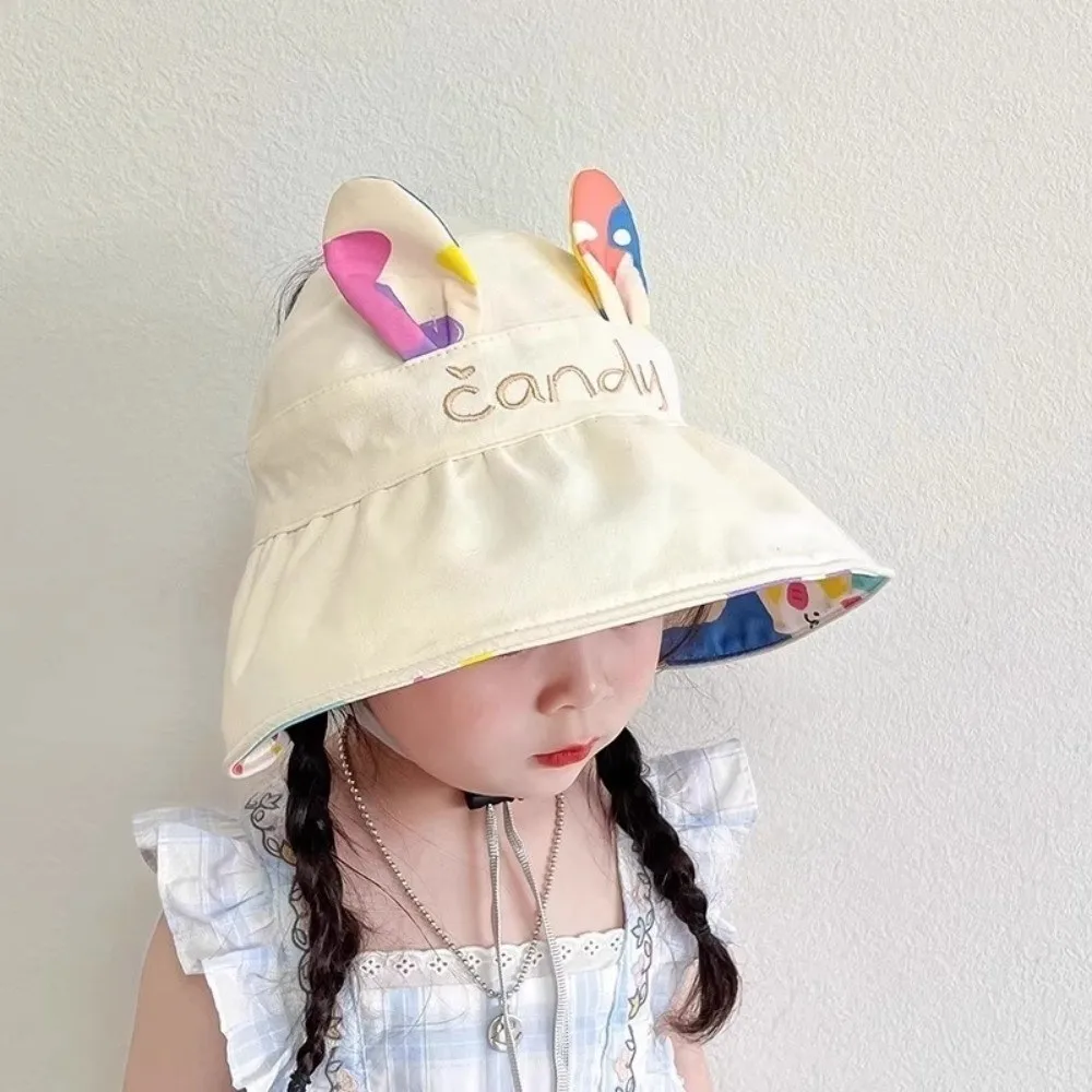 Double-sided Children Sun Hat Wide Brim Adjustable Size Sunscreen Cap UV Protection Empty Top Rabbit Ears Sun Hat Travel Use