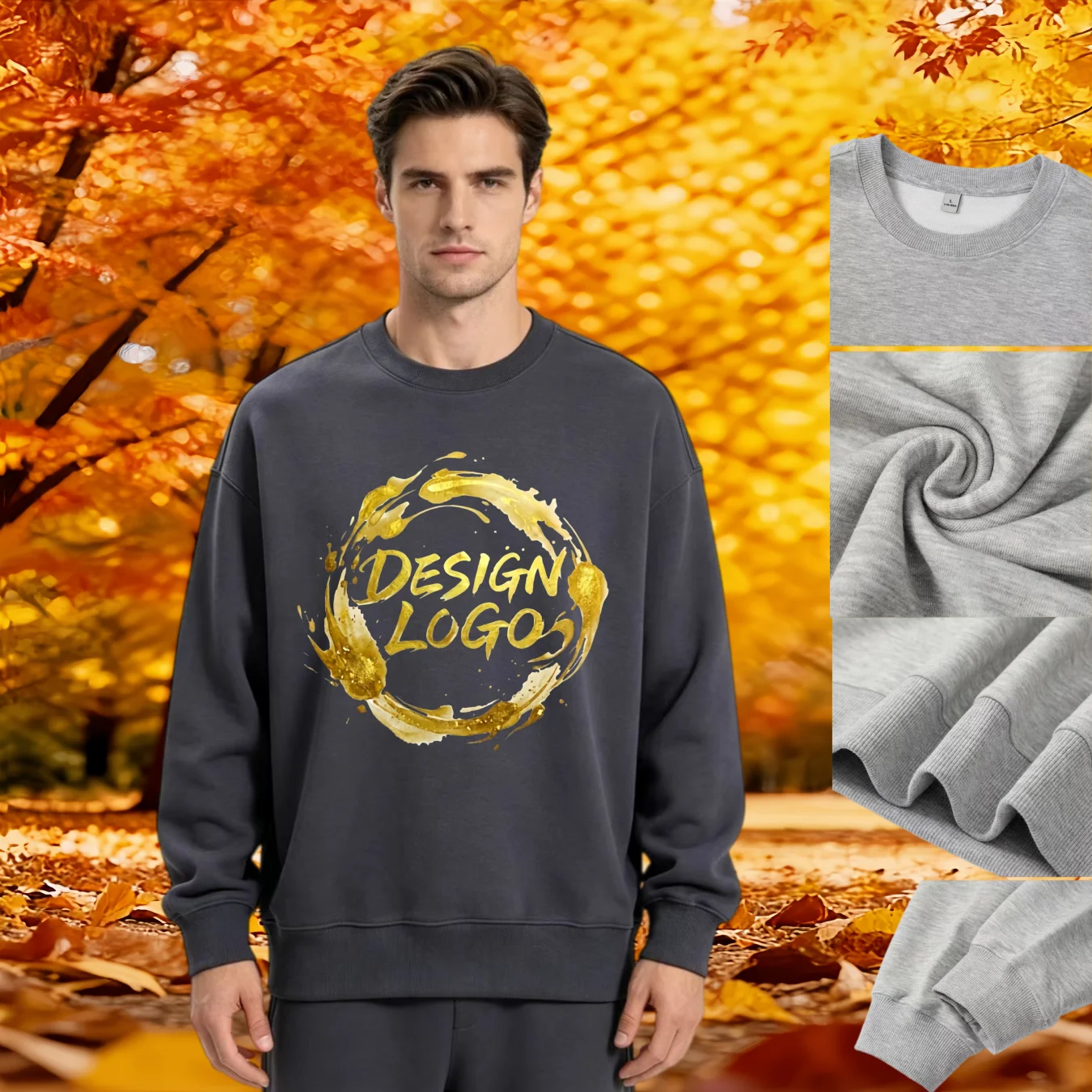 Unisex dropped-shoulder crewneck sweatshirt, customizable printed logo, loose long-sleeve pullover for fall and winter