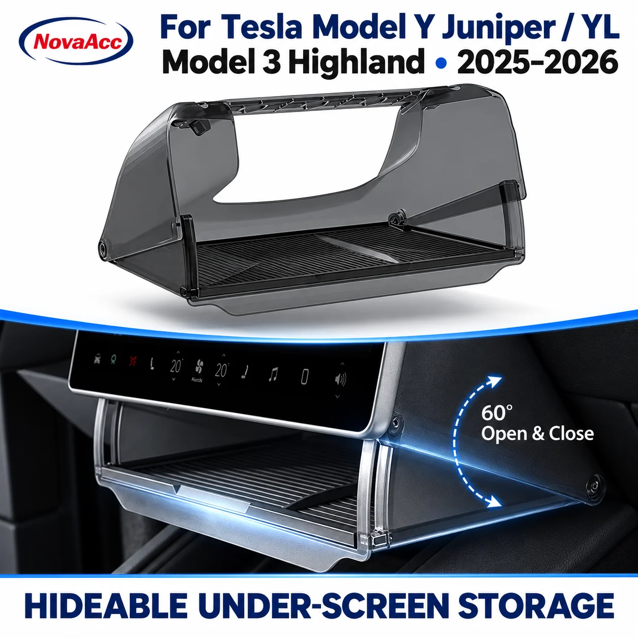 NovaAcc Hidden Magnetic Storage Box for Tesla Model Y Juniper YL Model 3 Highland 2025-2027 Under Screen Console Organizer Tray