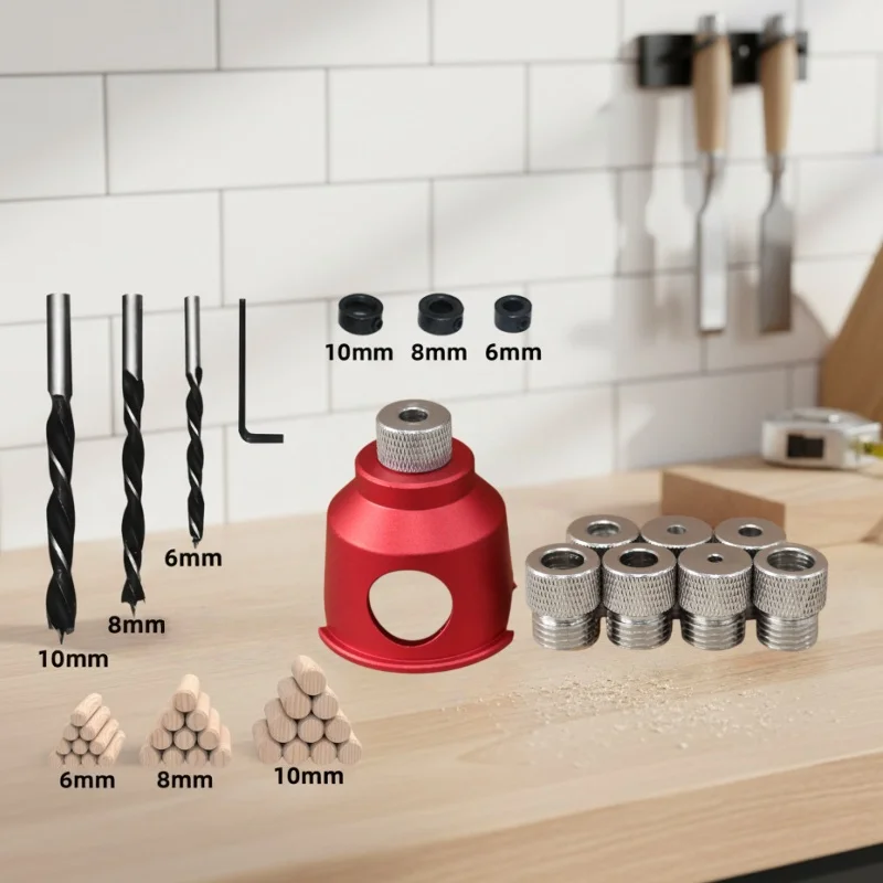 Woodworking Doweling Jig Kit 6/8/10mm, Straight Hole Drill Guide Set with Drill Bits, Drill Bushings & Wooden Dowels