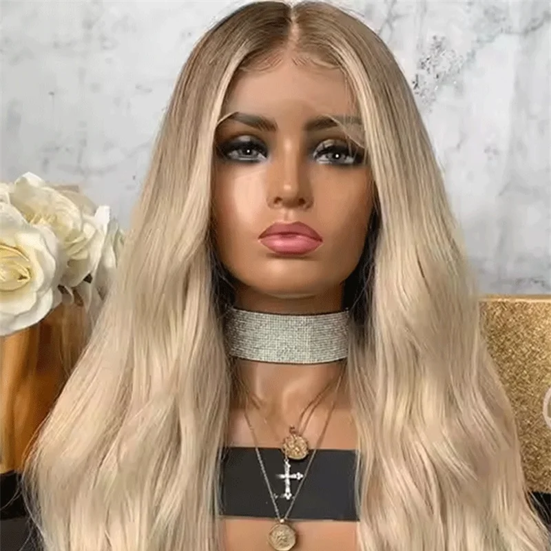 

Парик с натуральной волной для женщин Светлый блондин с омбре Синтетический парик фронта шнурка с темными корнями Ежедневная вечеринка Используется термостойкое волокно