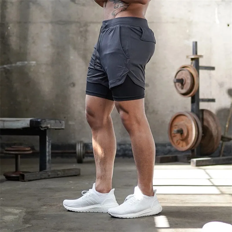 Pop Men's Double Layer Fitness Shorts Men Fitness Gym Training 2 In 1 Sports Shorts Quick Dry Workout Jogging Double Deck Summer