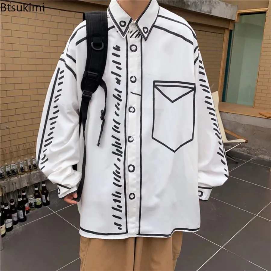

2025 Men's Graffiti Line Long-sleeved Shirts Hong Kong Style Turn-down Collar Loose Shirt Jackets Spring Autumn Male Clothes