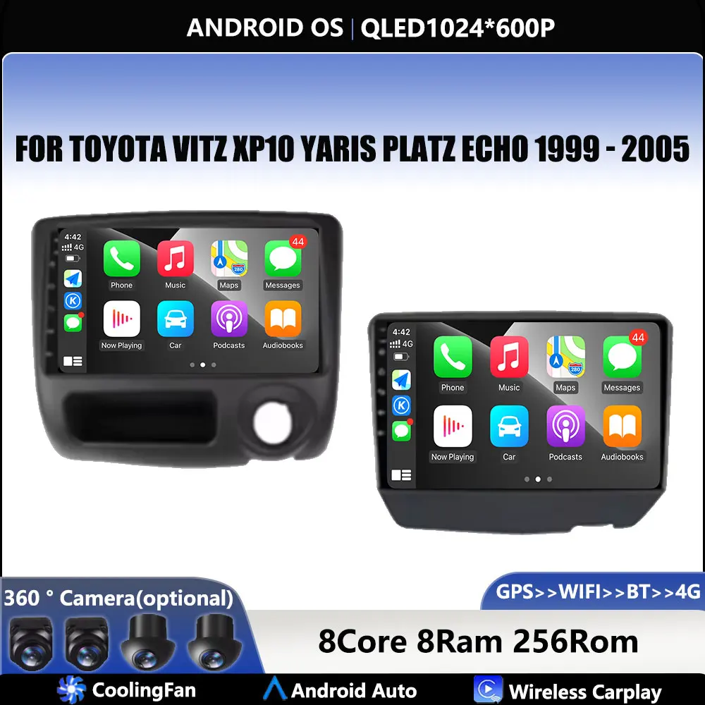 Android os carplay para toyota vitz xp10 yaris Platz echo 1999-2005 rádio do carro navegação gps multimídia player de vídeo tela qled