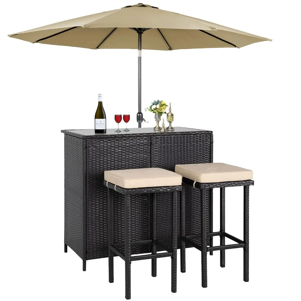 

3-Piece Wicker Outdoor Furniture Bar Set, 2 Stools and 1 Glass Top Table, Large-Capacity Storage Space Brown Wicker, Customized