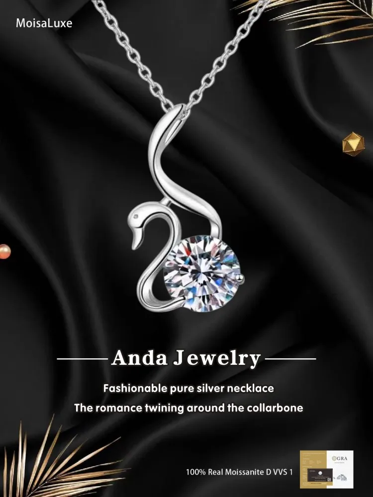 

Moissanite Plata Sterling 925 Silver Swan Shape Round Cut Necklace For Women Wedding Birthday Day Gifts GRA Certified