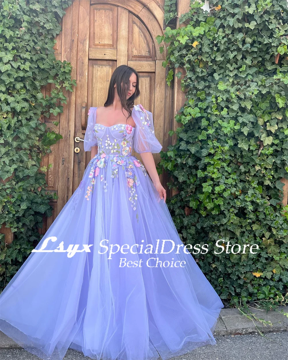 LSYX Pastrol Prom Gown Exquisite Floral Appliques A-line Birthday Party Dresses Half Sleeves Evening Dresses robes de soirée