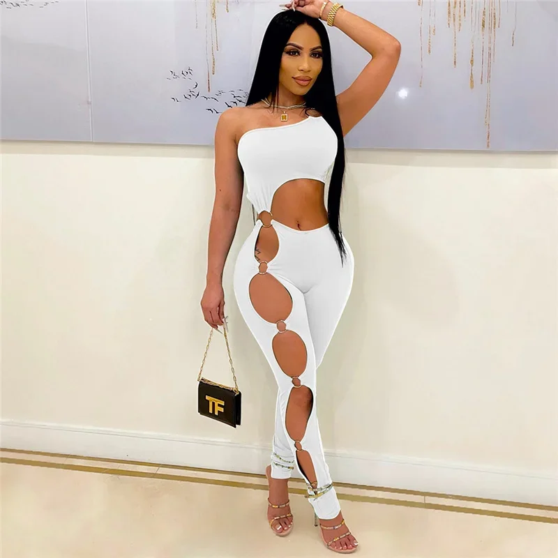 Sexy One Shoulder Bodycon Jumpsuit Women Sleeveless Solid Hollow Out One Pieces Romper Night Party Club Birthday Outfits Catsuit