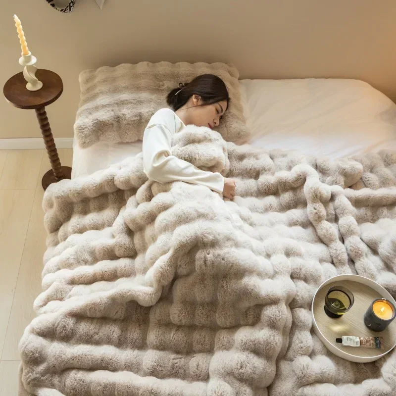 

Soft and Cozy Toscana Rabbit Fur Blanket With Double-sided Bubble Fleece - Perfect for Office Nap and Sofa Cover Warm Winter Bed