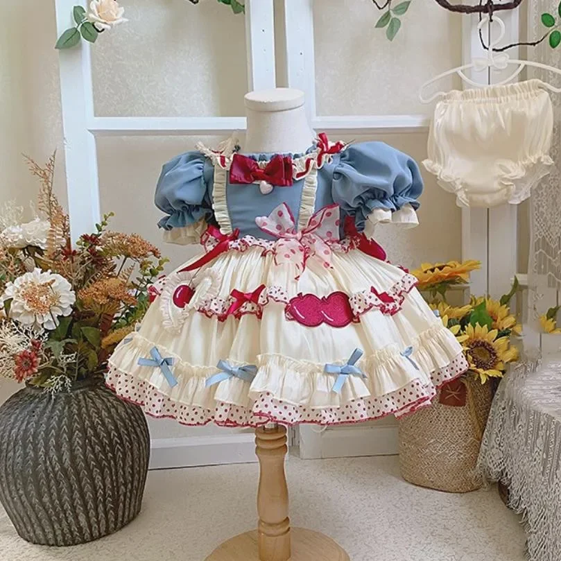 Spanish Vintage Lolita Princess Ball Gown Bow Embroidery Puff Sleeve Design Birthday Party Girls Dress For Easter Eid