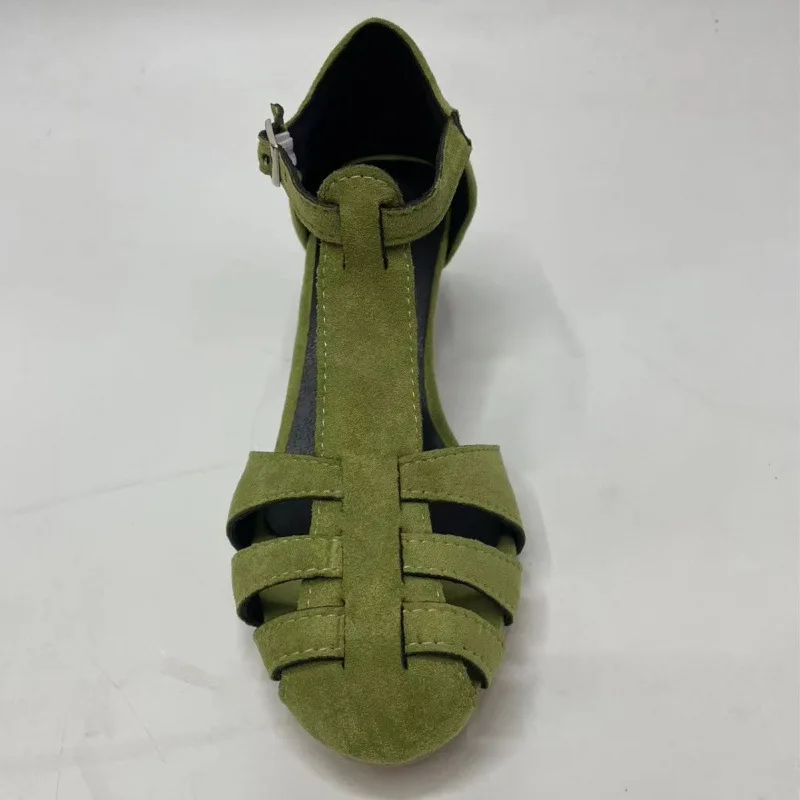 Women's Green Suede Kitten Heel T-Strap Sandals Closed Toe Summer Breathable Office Pumps EU 34-43 Elegant Dress Shoes Rubber view 3