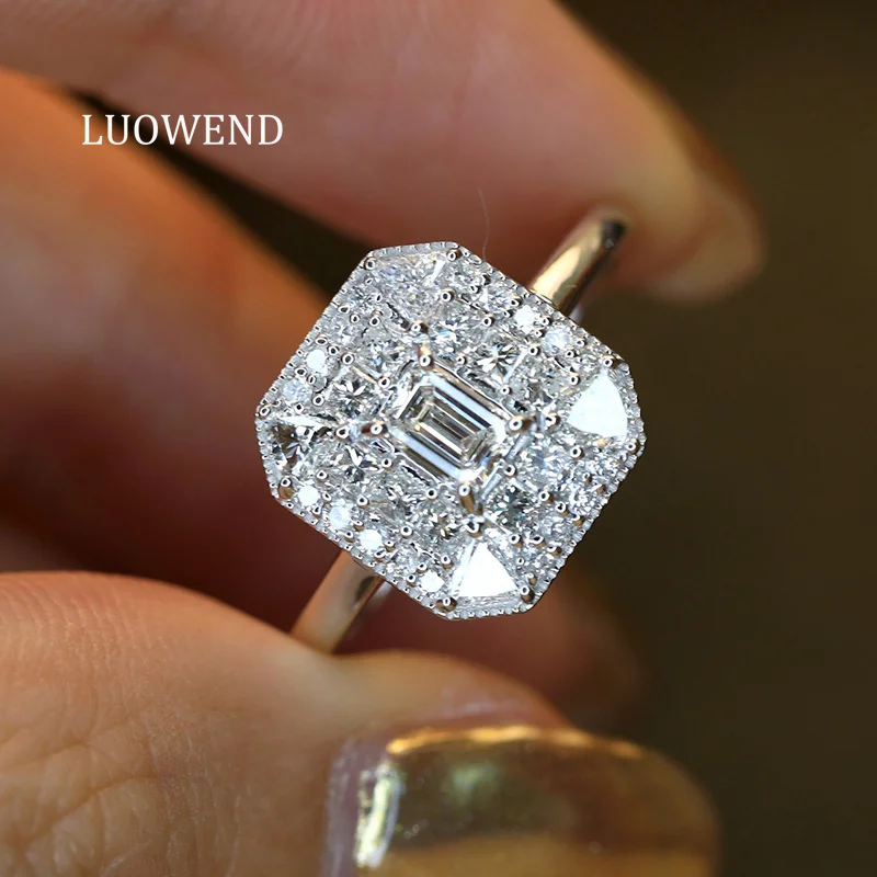 LUOWEND 100% 18K White Gold Rings Luxury Square Shape Real Natural Diamond Engagement Ring for Women High Party Jewelry