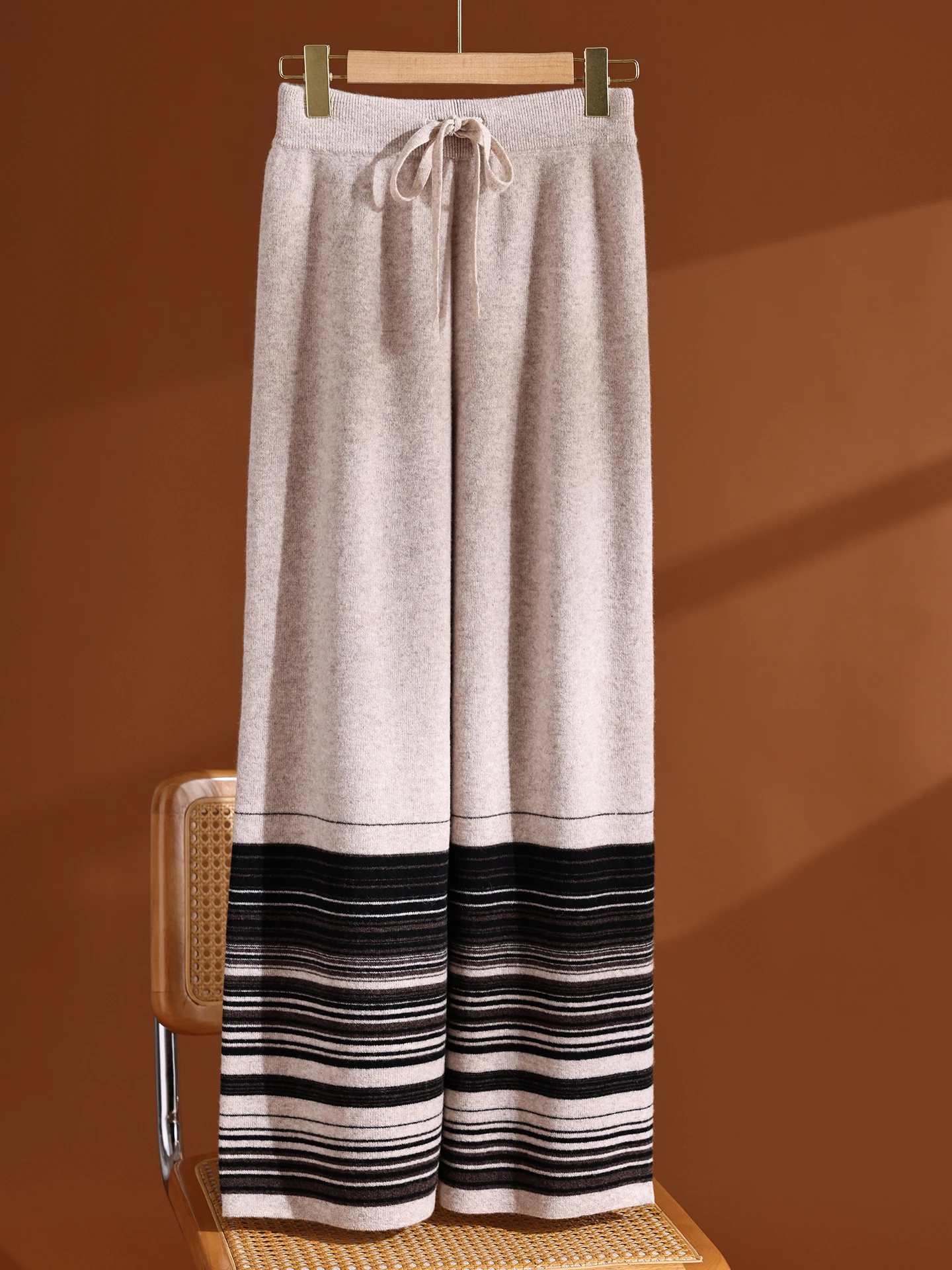 TLOML Women's 100% Merino Wool Hem Color Block Wide Leg Pants Autumn Winter Cashmere Soft Warm Popular Casual Knitwear Trousers
