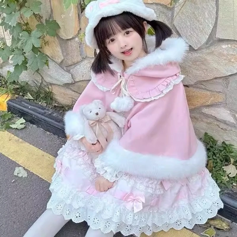 Japanese Soft Girls Cute Rabbit Ears Hooded Cloak Winter New 2025 Women's Sweet Cute Warm Short Jacket Y2K Lolita Capes Ponchos