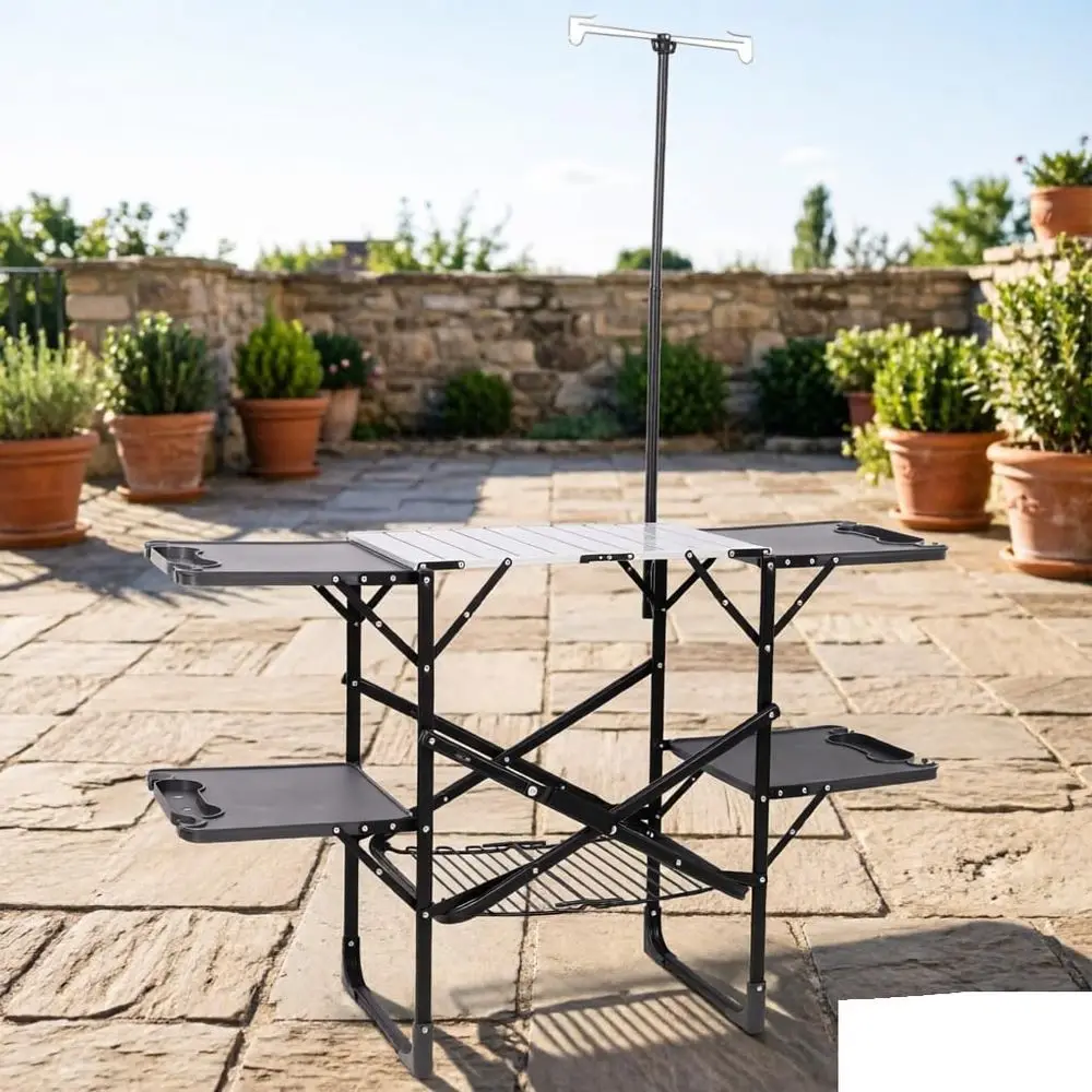 Portable Outdoor Kitchen Table with Heat-Resistant Surface, 4 Side Tables, Storage, Lamp Post, and BBQ Stand for Camping and Pic