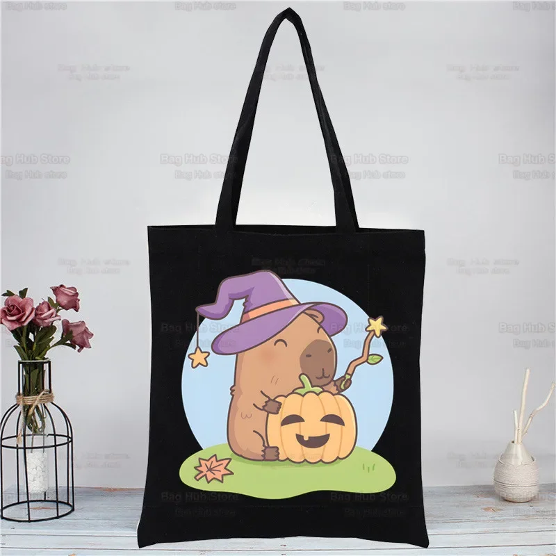 Capybaras Kawaii أسود جديد يصل الفن حقيبة قماش قنب حقائب اليد طباعة بسيطة أكياس التسوق الفتيات الحياة عارضة Pacakge
