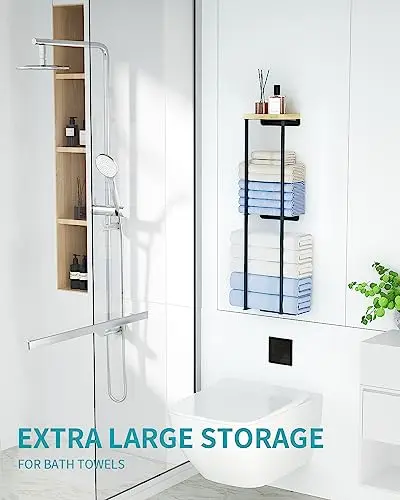 

Black Metal 2-Tier Wall-Mounted Towel Organizer With Natural Wood Top Shelf For Bathroom Storage And Towel Display