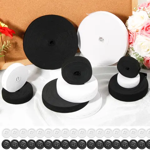 1.5cm/2cm/2.5cm Buttonhole Elastic Band, White Black Adjustable Sewing Elastic Waist Bands With Button Holes