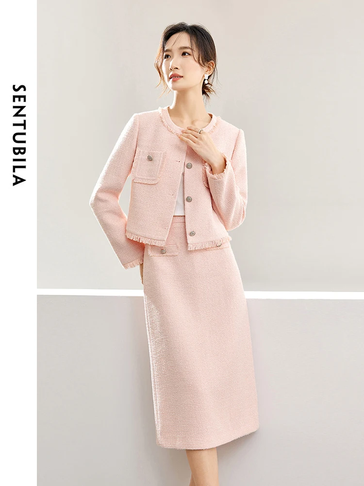 

SENTUBILA Women's Pink Tweed Two Piece Set Spring Autumn 2024 Outfits Tassel Hem Short Jacket Straight-cut Slit Skirt 141Z53422