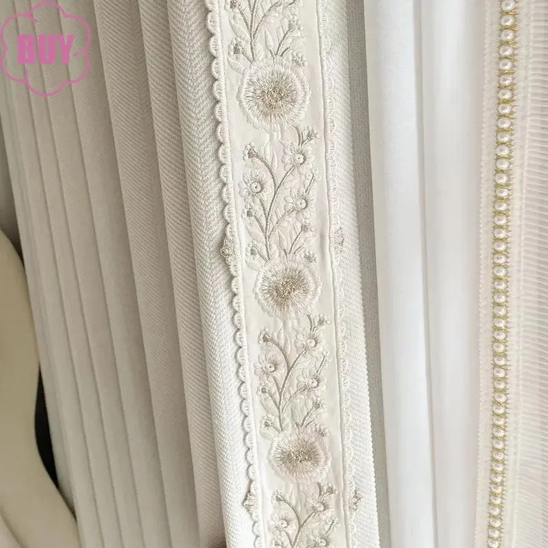 1PC French Curtains for Living Dining Room Bedroom Cream Cured Embossed Chenille Texture Thick Window White Tulle Sheer Curtain