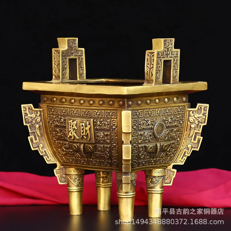 Pure Copper for Home Living Room Office Shop Crafts Brass Four-Legged Square Tripod Decoration Ornament