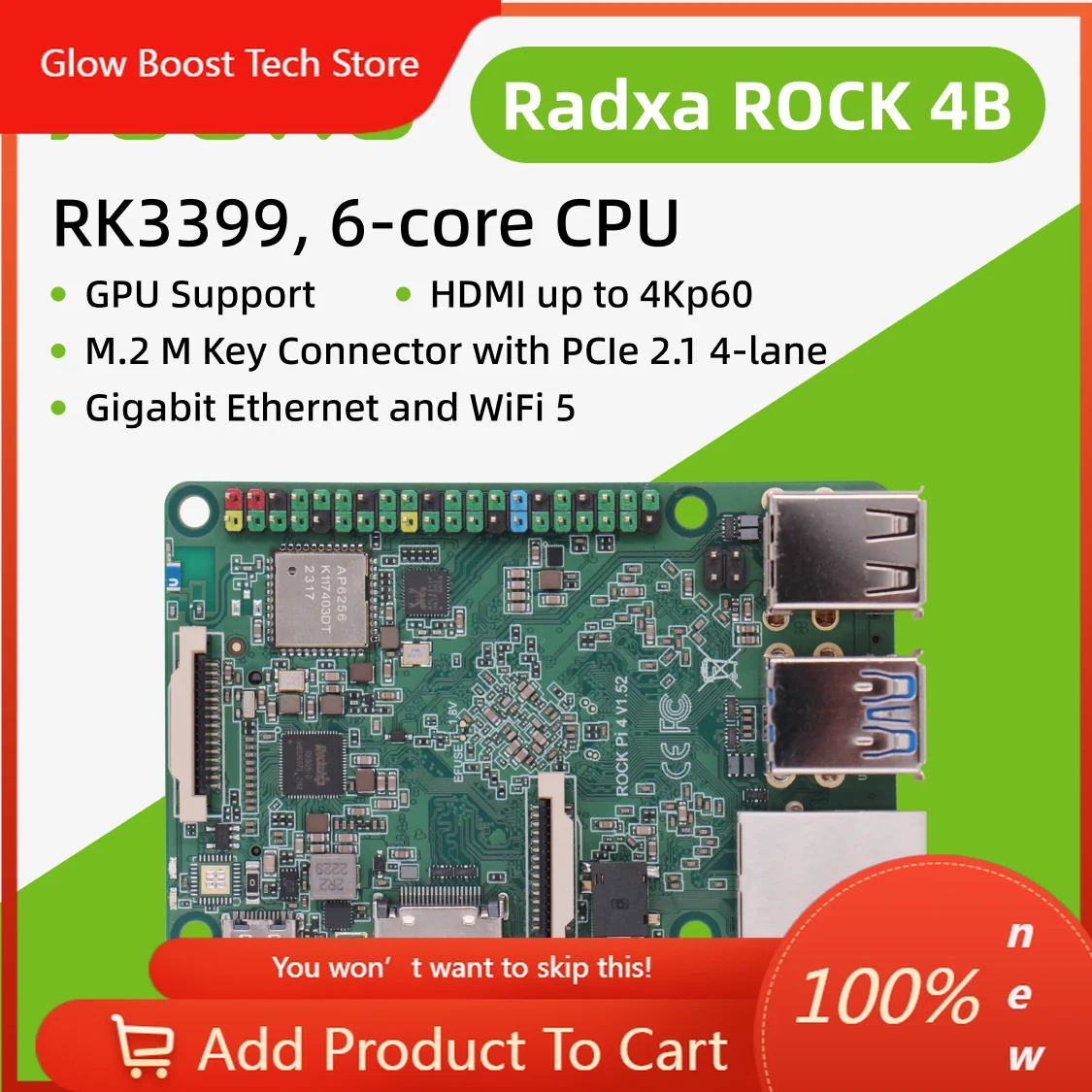

Микрокомпьютер NYRadxa ROCK 4B RK3399, 6-ядерный процессор, SBC, HDMI с поддержкой 4K, Wi-Fi 5, Gigabit Ethernet и PCIe 2.1