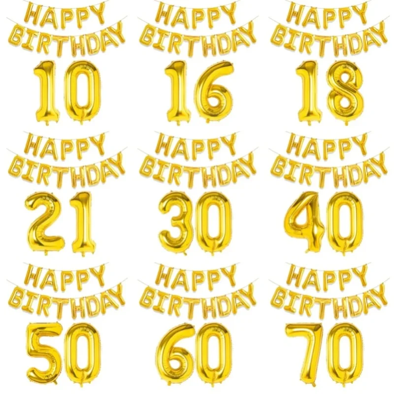 15 Stück Goldene 'Happy Birthday' Zahlen-Folienballons für Partydekoration, für Feiern von 10 bis 70 Jahren, Celebrations2028