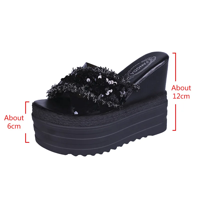 Comemore New Summer Rhinestone Wedges Heel Women Slippers Platform Sequins High Heels Without Back Ladies Shoes Zapatos De Mujer