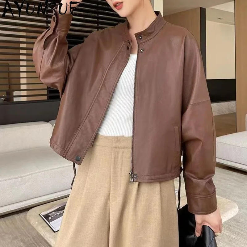 AYUNSUE Women's Real Leather Jacket Sheepskin Short Jackets for Woman Autumn Fashion Long Sleeve Tops Woman Clothes Ropa Mujer