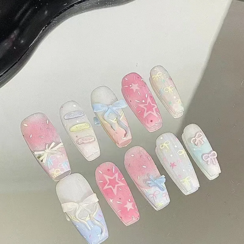 

24Pcs Fake Nail Art Set Candy-Colored French Manicure with Bows and Cat-Eye Accents Press-On Nails Perfect for Gifts To Girls