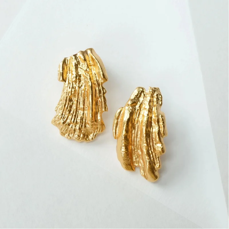 Litheline Gold-Plated Brass Stud Earrings, Vintage Textured Geometric Style, Sustainable Women's Fashion Jewelry