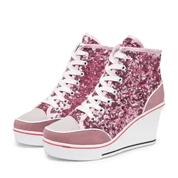 High Top Women Height Increasing Wedges Lace Up Shoes Flats Casual Ankle High Top Sliver Canvas Shoes Glitter Sequins Plue Size