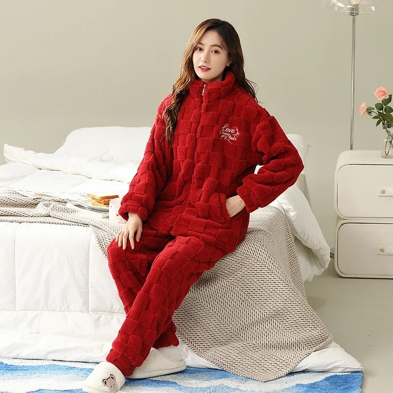 Red Large Size Velvet Women Pajamas Sets Winter Long Sleeves Long Pamts Warm Sleepwear Soft Pyjamas Cozy Pijamas Girls Pjs Comfy