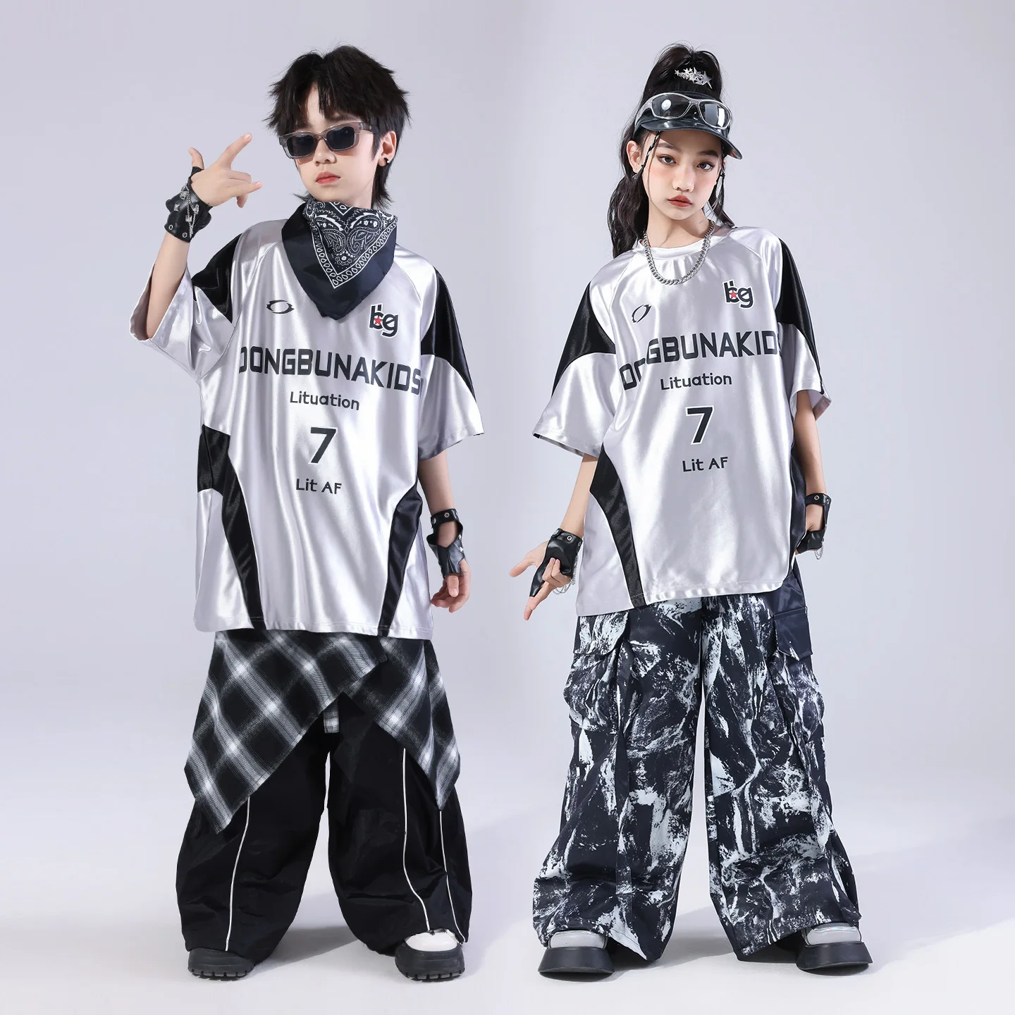 Kid Kpop Hip Hop Clothing White Black Silver Top T Shirt Top Street Line Parachute Pants for Girl Jazz Dance Costume Clothes