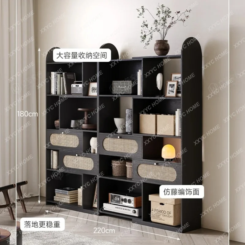 XXMedieval multi-layer bookshelf, living room corner bookcase, locker, integrated rotatable and retractable rattan rack against