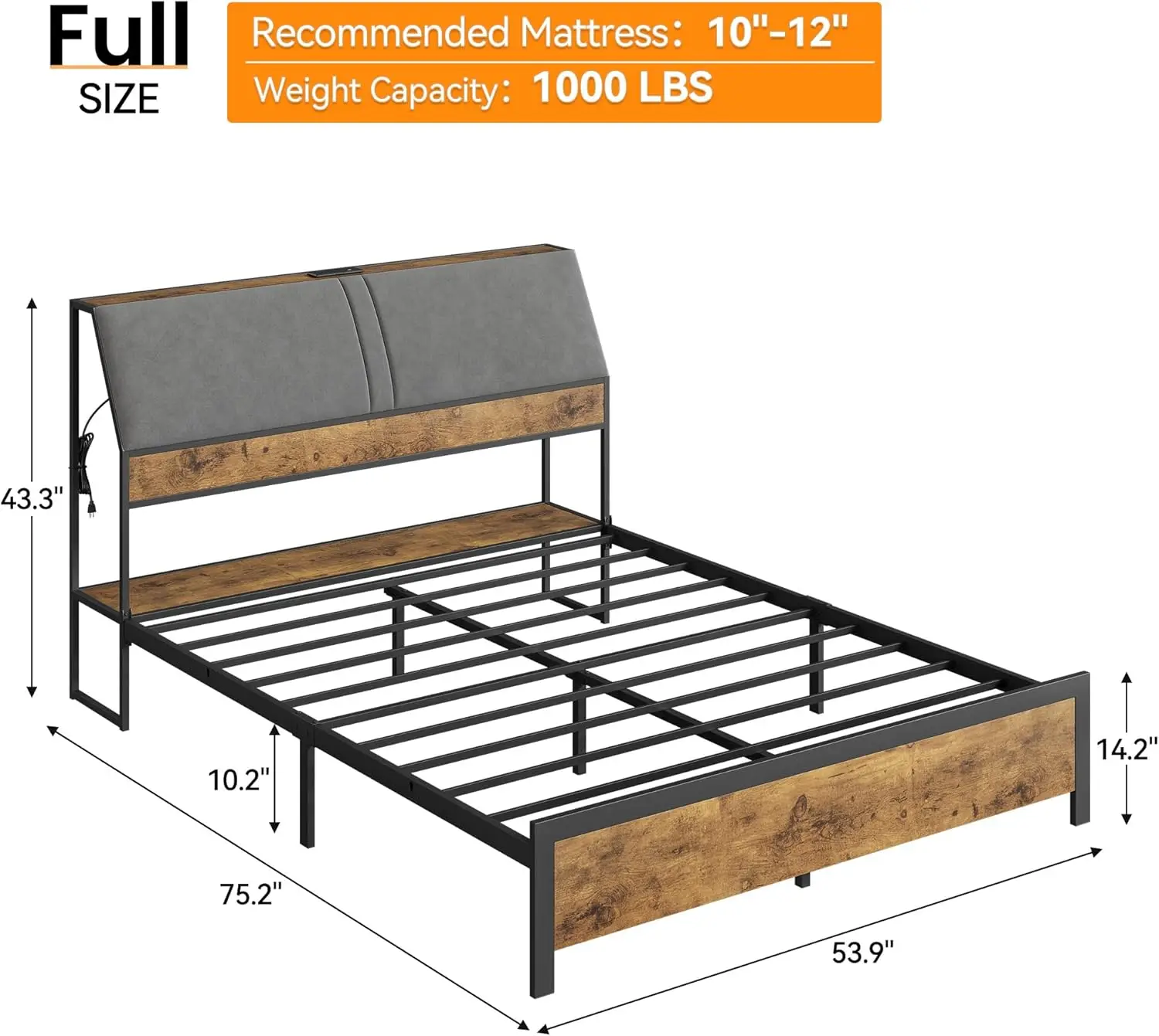 إطار سرير Garvee بالحجم الكامل مع لوح رأسي منجد محيطي، محور شحن مدمج، دعامة شرائح خشبية قوية، وواسعة