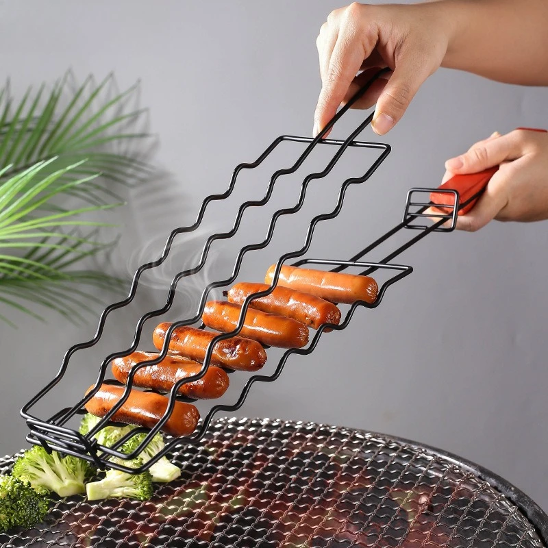 

BBQ Stainless Steel Hot Dog Grill Basket Folding Basket Grilled Fish Clip Non-Stick Ham Detachable Sausage Kitchen Grilling Rack