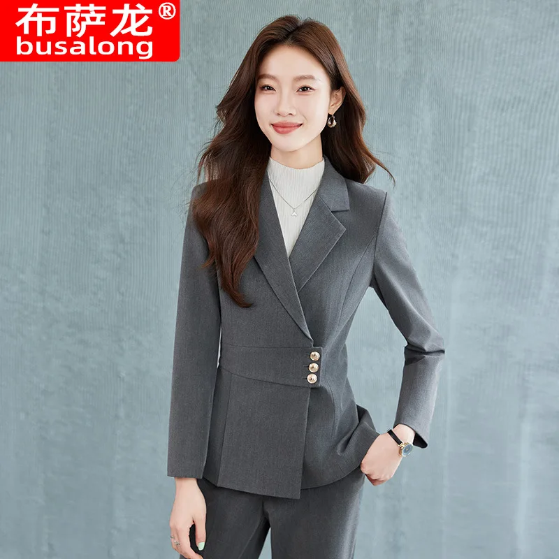 Business Suit Women's Autumn and Winter2024New Hotel Front Desk Etiquette Reception Formal Wear Gray Suit Jacket Overalls