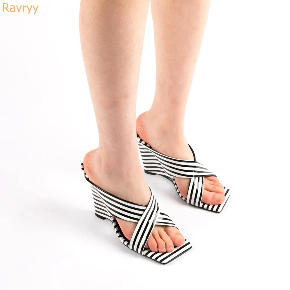 

Black White Striped Slip On Sandals Wedges Square Toe Cross Strap High Heels Slides Slingback Zebra Print Women Summer Size 43