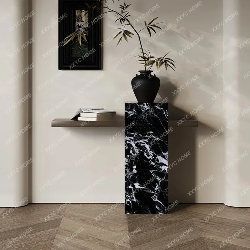 style against the wall, living room end view table, narrow strip case, retro marble entrance cabinet