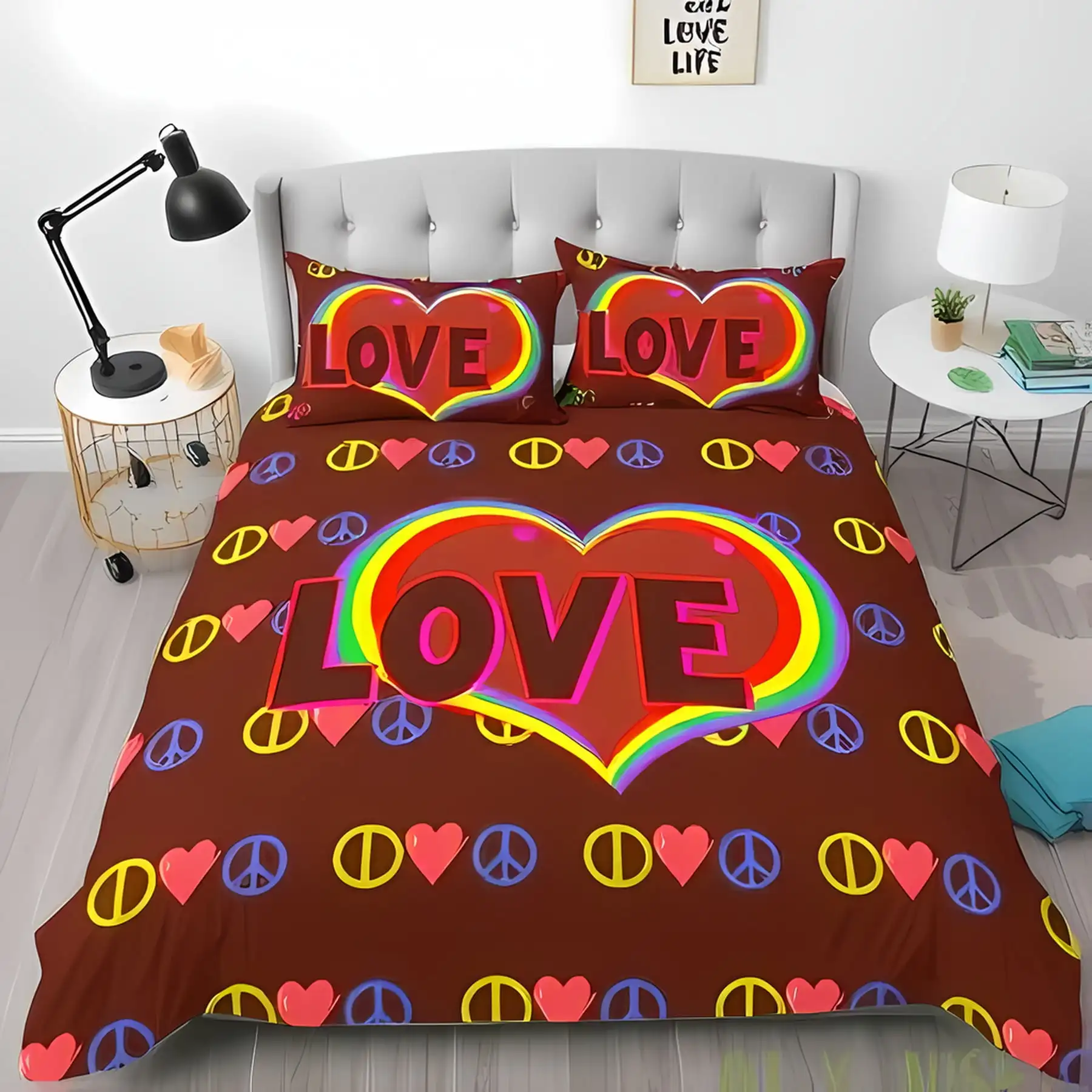 

Girly Rainbow Duvet Cover for Girls Women Kawaii Heart Print Duvet Cover, Black Pink Red Bedding Set Full Colorful Gradient Warm