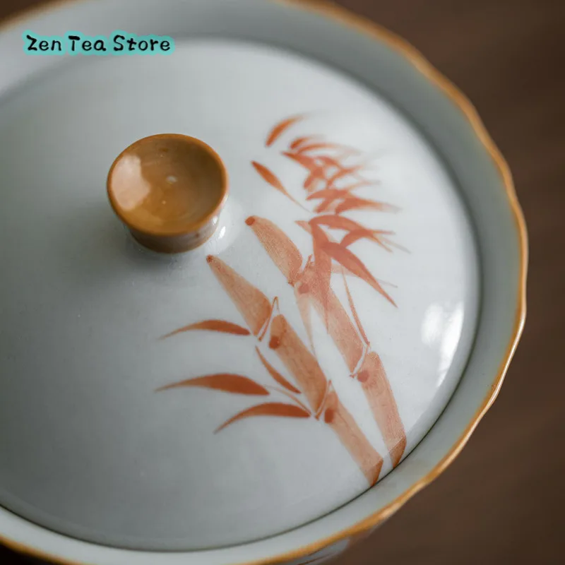 Hand-painted Red Bamboo Flower Mouth Cover Bowl, Painted Bamboo Tea Bowl With Ceramic Circle Foot Under Glaze